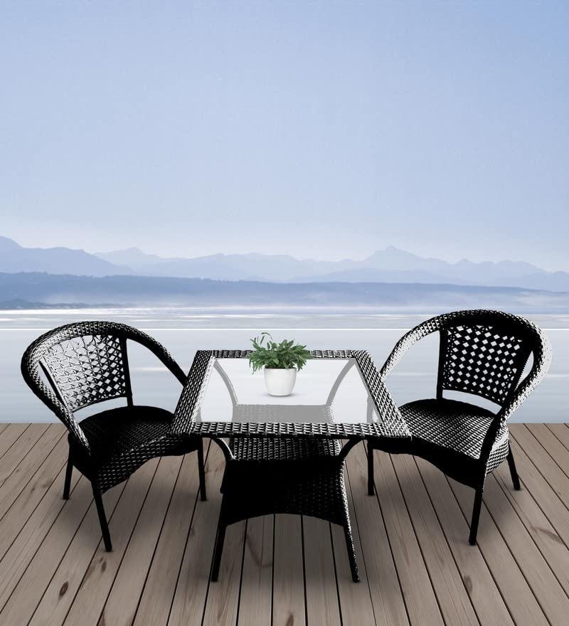 Blissful Backyards India D-8 Chairs Table Set 2+1 Wicker Patio Furniture Sets 2 Chair and 1 Table with Cushions for Garden Balcony Bedroom Powder Coated Frame Uv Protected Wicker (Black)-image-42