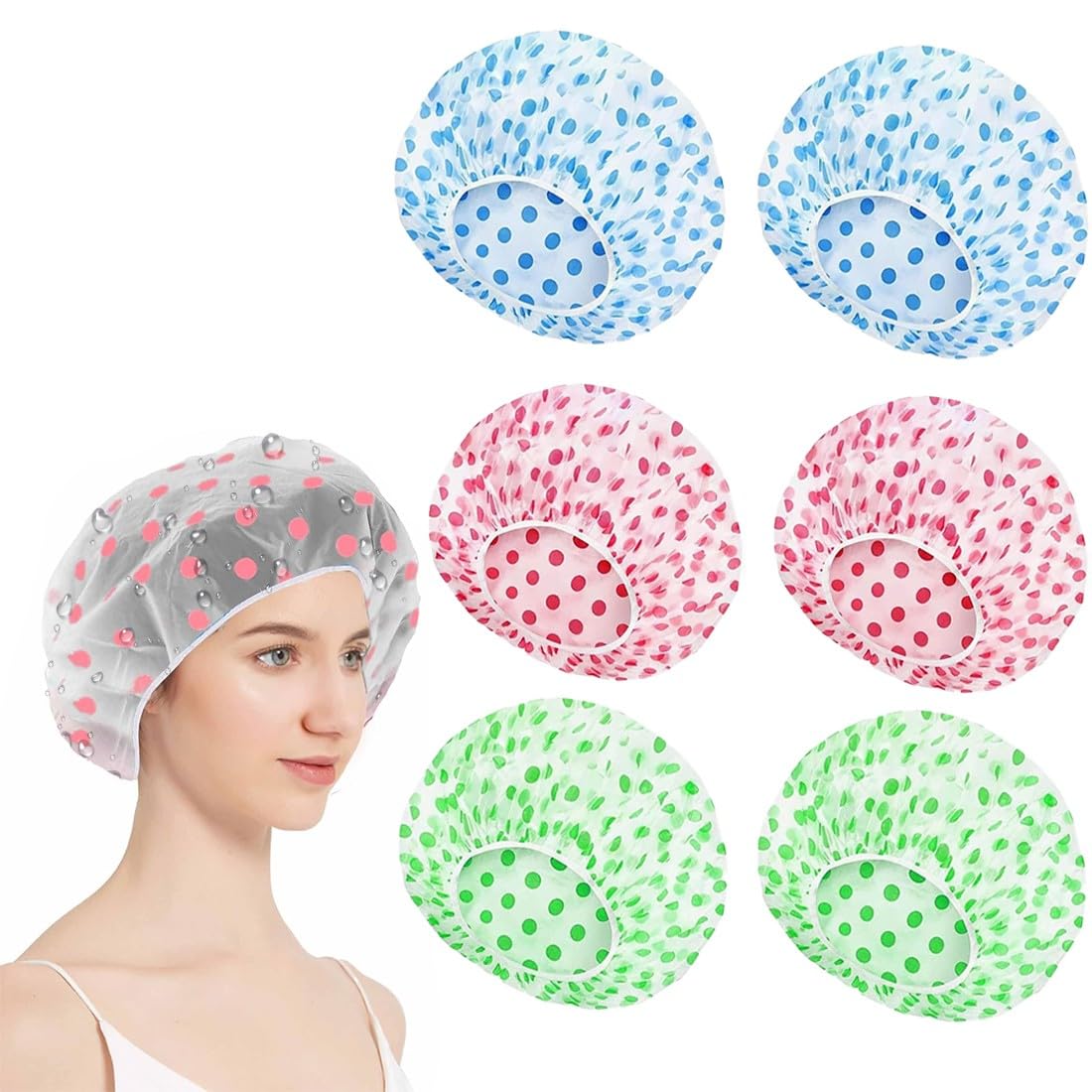 6 Piezas Gorros de Ducha, Gorro Ducha Mujer, Reutilizables Gorro de Baño Elástico, Gorros de Ducha Impermeable, para Salón, Spa, Viajes, Grande Gorros de Ducha