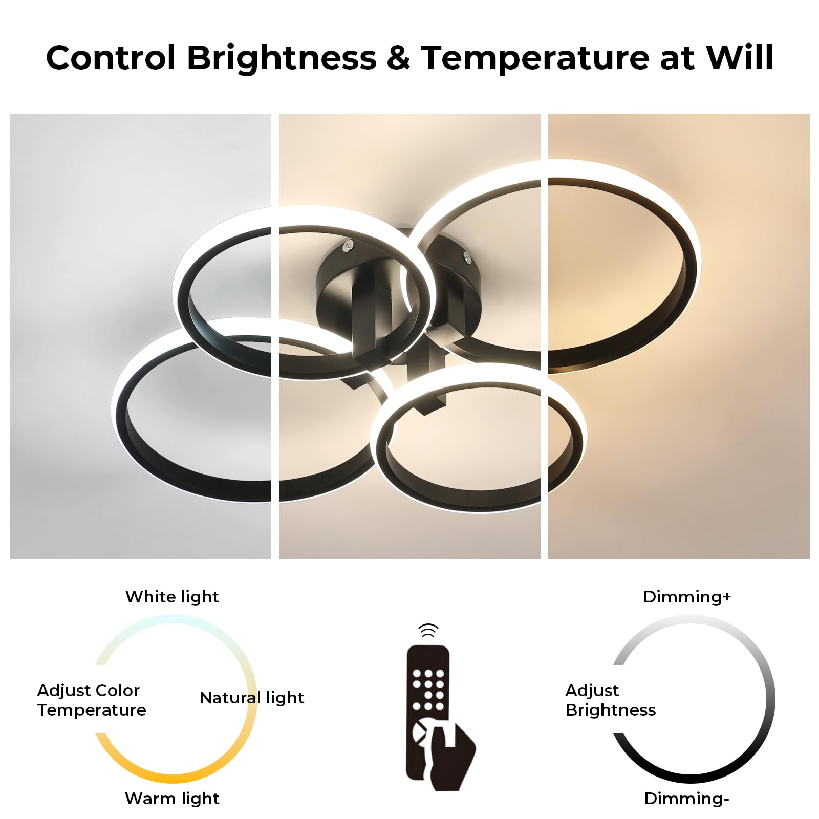 Plafoniera LED Dimmerabile 76W, Lampada da Soffitto Rotondo, Plafoniere Telecomando 3000K-6500K&Smart App, Lampadario Soggiorno Alluminio per Cucina, Soggiorno, Camera da Letto, Ufficio, Cucina, Nero