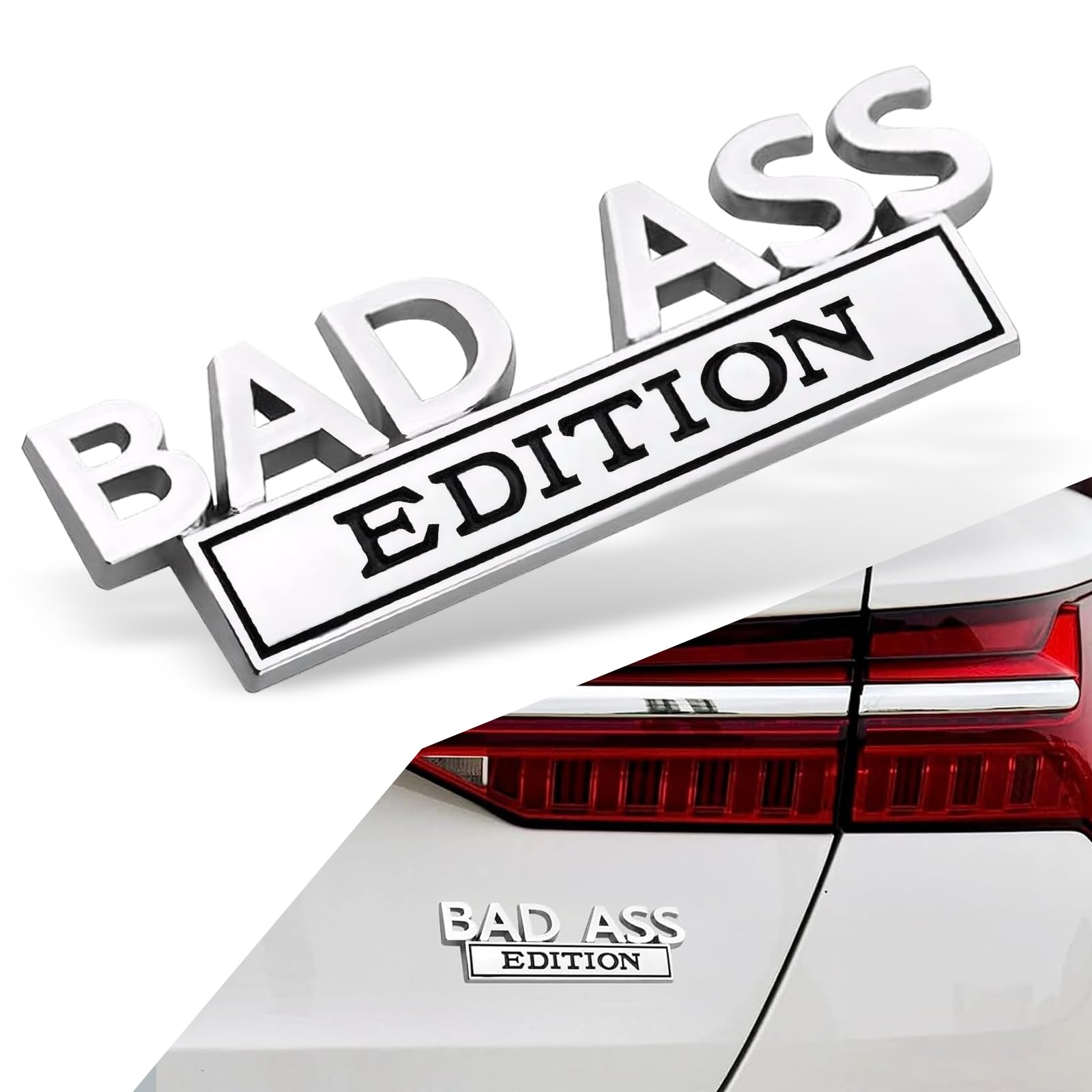 lekudo Pack-1 Car 1.34" x 3.93" Sticker, Bad Ass Edition Personalized 3D Badge Decoration, Car Body Trunk Metal Waterproof and Rust-Proof Scratch Covering Decal, Universal for Cars (Silver & Black)