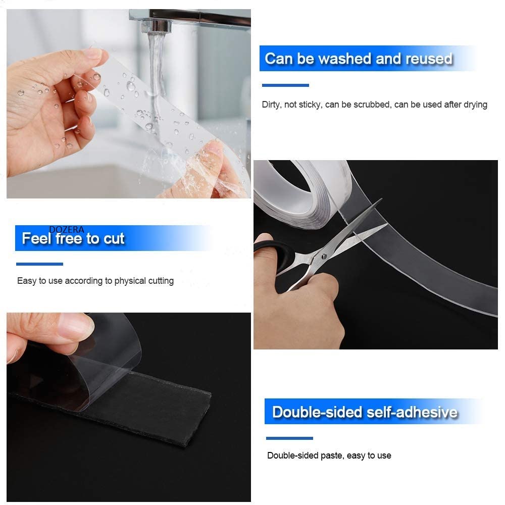 DOZERA Waterproof Double Sided Adhesive Silicon Tape, Transparent Adhesive Heavy Duty, Heat Resistant,Multi-Functional, Removable, Washable, Sticky,No Trace,Anti-Slip Gel,Nano,Tape 3 M 3
