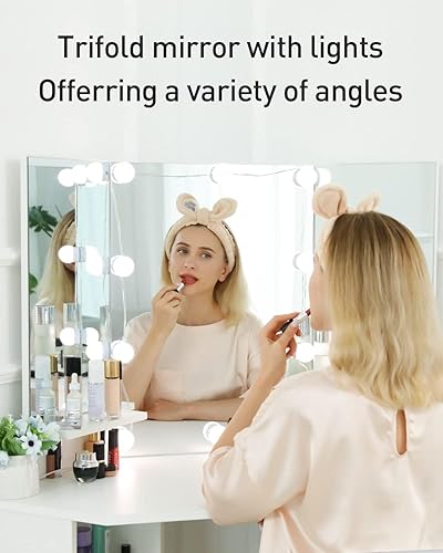 Miniatura 3 de Likein Escritorio esquinero de maquillaje con espejo y luces, mesa de tocador de dormitorio con espejo iluminado, 5 cajones y estante de