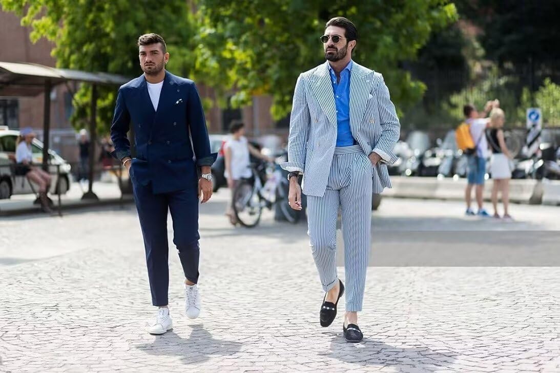 Double Breasted Seersucker Suit Men 2 Piece Suits for Men Summer Wedding Casual Big and Tall Lightweight