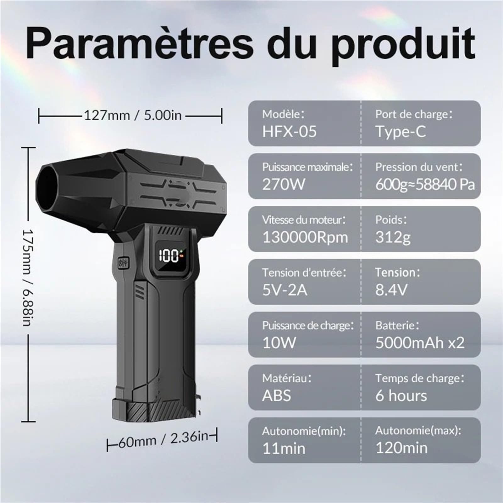Soplante coche Ventilador Turbo Jet de 270W potencia, soplador aire 110000Rpm, Motor sin escobillas velocidad del viento 0-100 velocidades con LED ajustable(HFX-05-B)