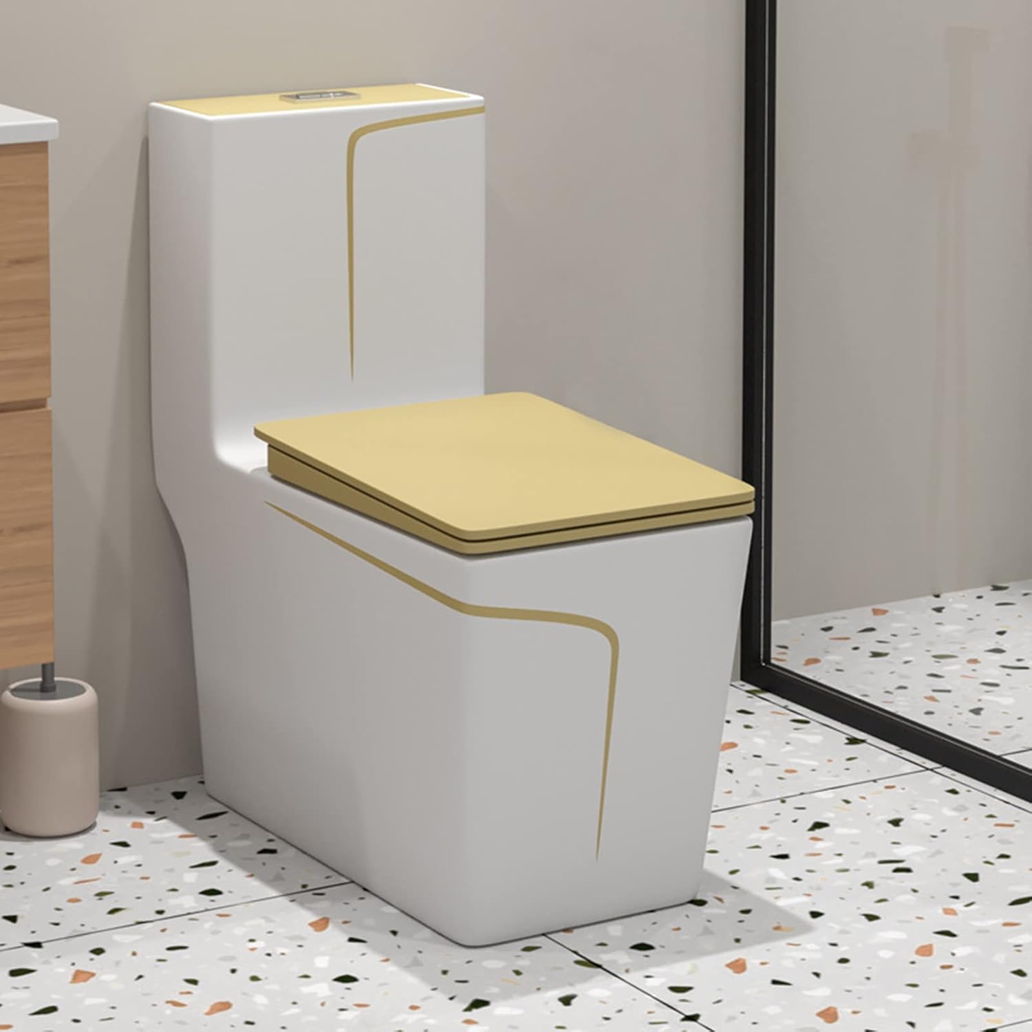 HIONRE Khaki Toilet, Siphon Flush Household Toilet Square