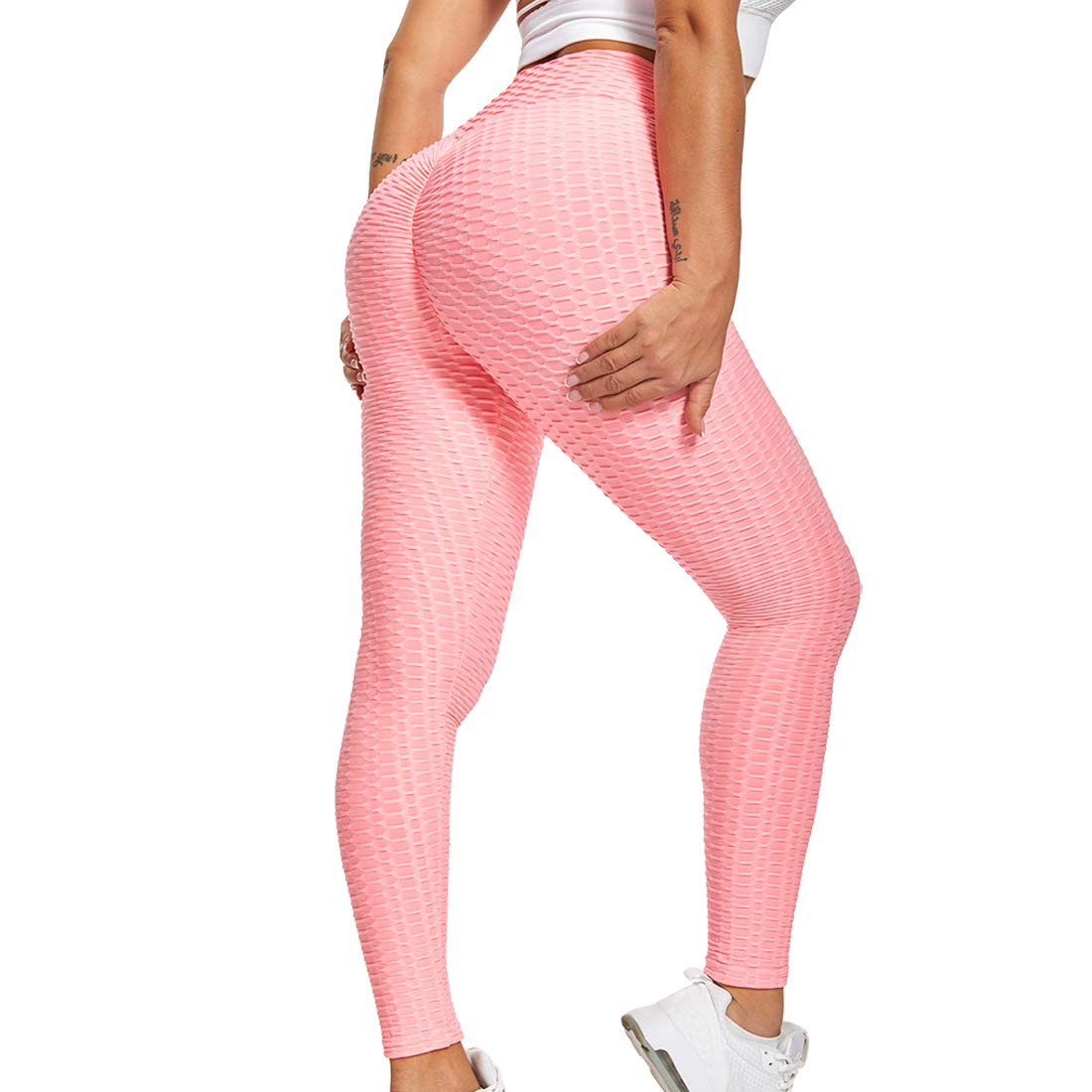 STAR FASHION Women Honeycomb Waffle Leggings Anti Cellulite High Waist Yoga Pants Tummy Control Gym Butt Lifting Textured Scrunch Butt Tights | Pink | Small