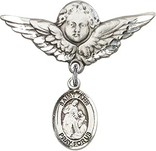 Sterling Silver Baby Badge with St. Ann Charm and Angel w/Wings Badge Pin 1 1/8 X 1 1/8 inches