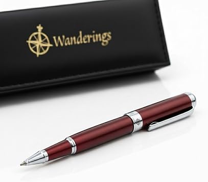 WANDERINGS Premium Rollerball Pen with German Ink - Perfectly Balanced for an Excellent Writing Experience - Chrome Accents - Winefire Red - Includes Schmidt Refill in Gift Case