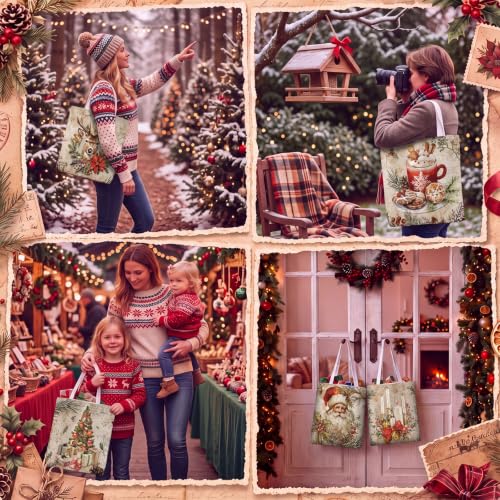 Image of Paterr 12 Pcs Vintage Christmas Canvas Tote Bags Bulk Reusable Retro Christmas Gift Bags with Handles Xmas Tree Santa Claus Cardinal Canvas Handbags for Women Xmas Gifts Farmhouse Party Decor Supplies