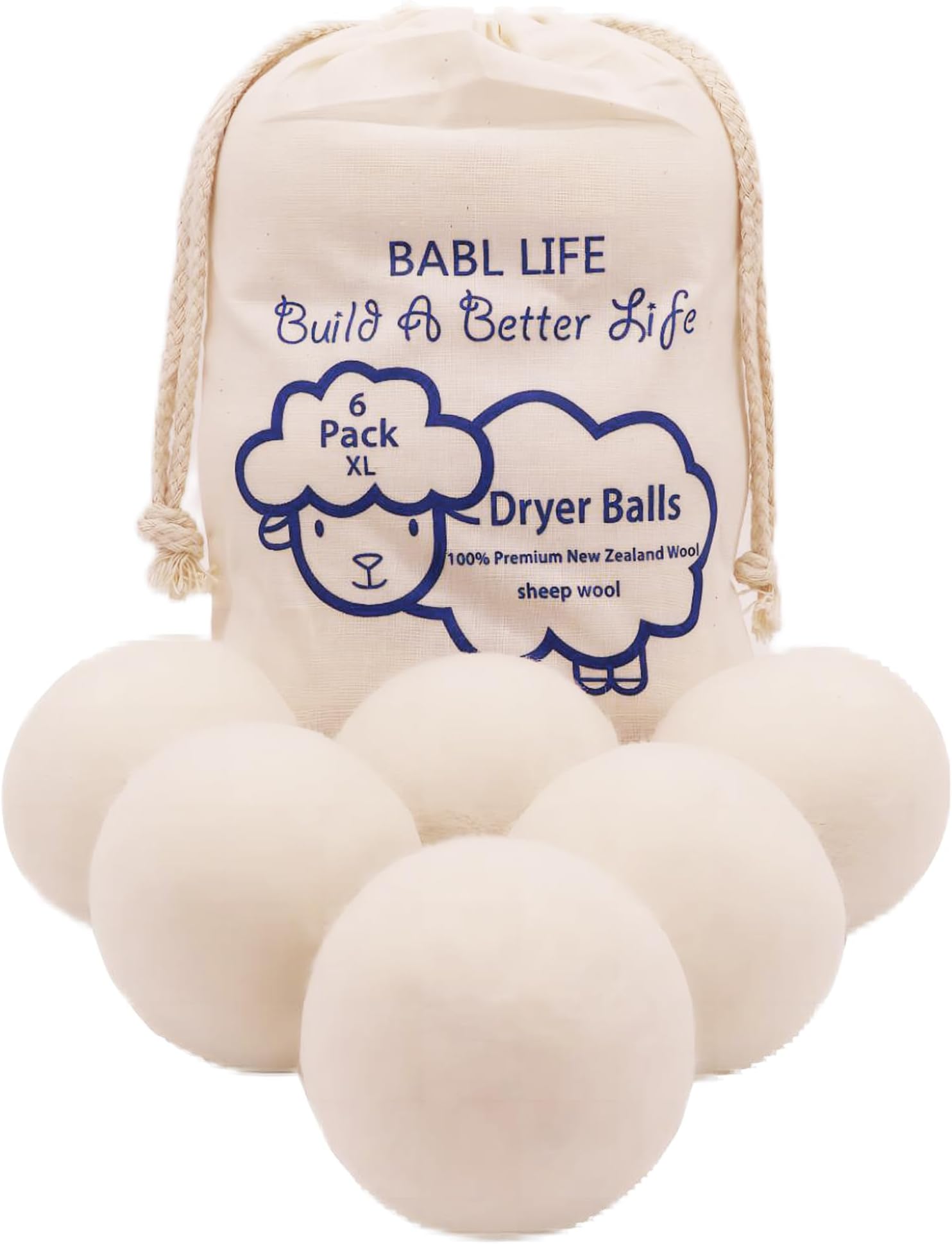 BABL LIFE Upgraded Version(Made of The Latest Shearing) Wool Dryer Balls Pack of 6,Reusable New Zealand Natural Fabric Softener,Saves Drying Time, Handmade Dryer Balls (New Packaging)