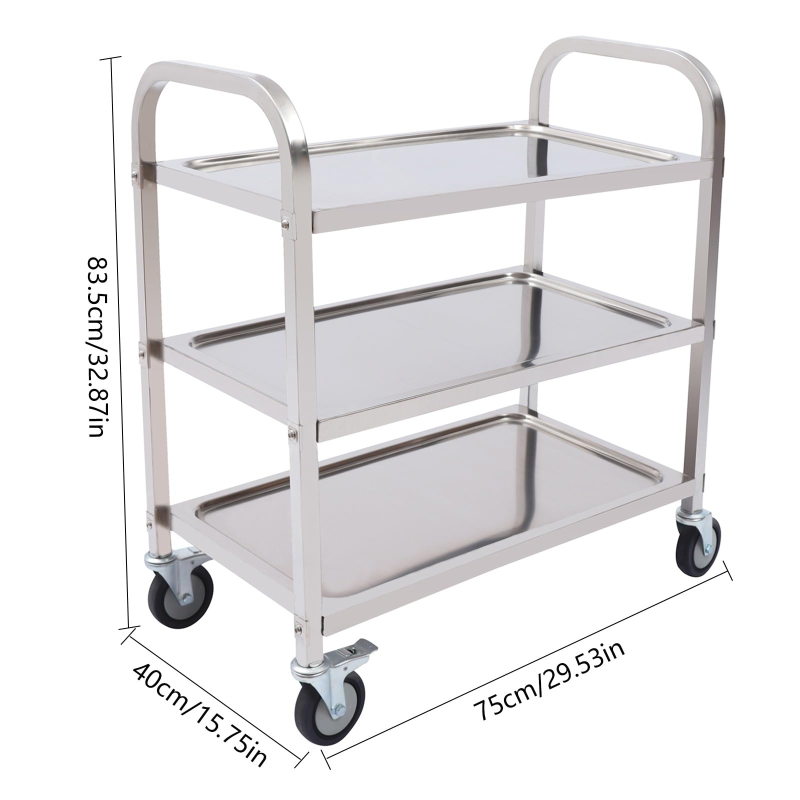 Carro de servicio de acero inoxidable con 3 bordes, carro de cocina con ruedas y frenos de estacionamiento, 4 ruedas, carro de servicio gastro con freno, 75 x 40 x 83,5 cm