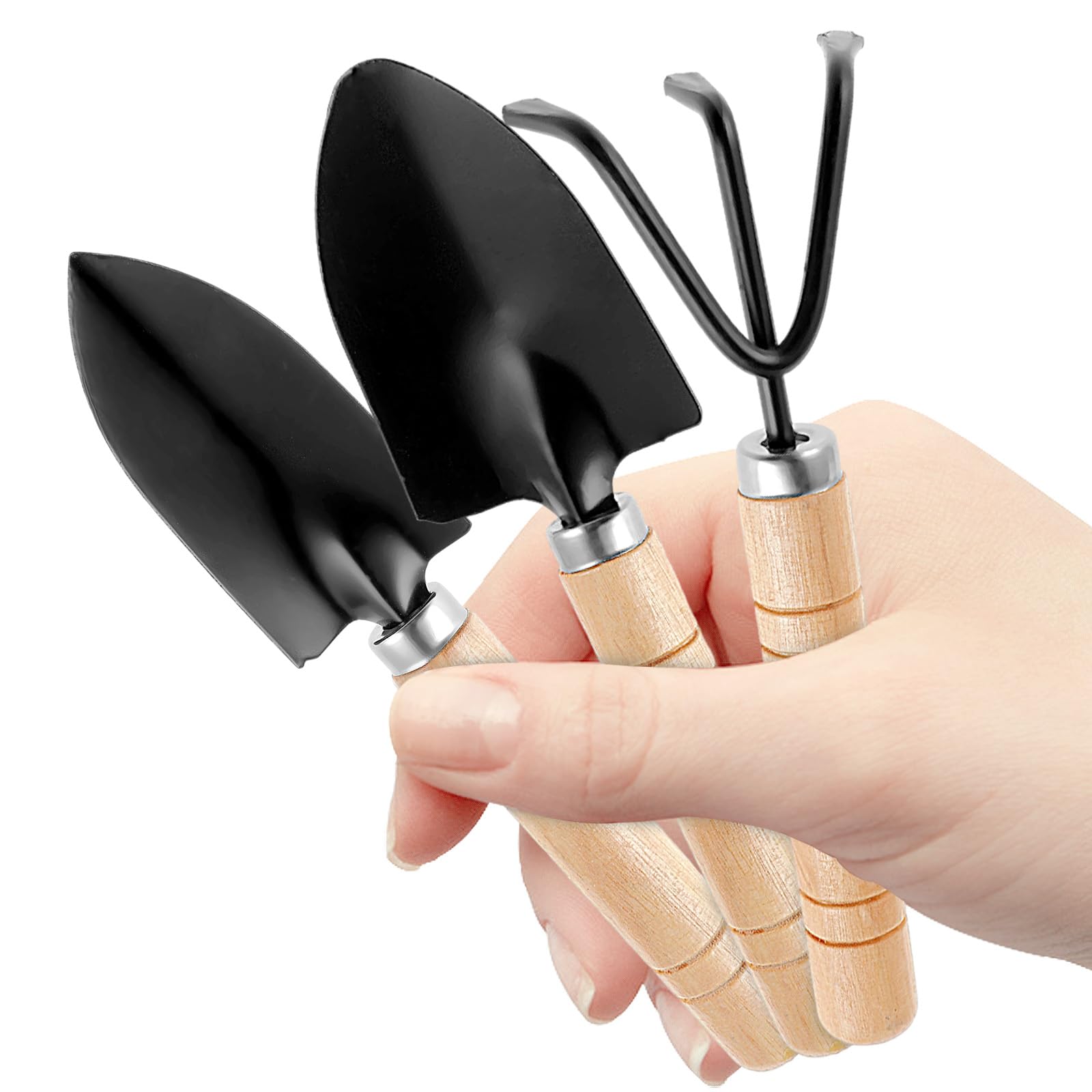 COMNICO Zestaw narzędzi ogrodowych, wytrzymała, żelazna, mała łopatka do sadzenia, mini łopatka ręczna z ergonomicznym antypoślizgowym drewnianym uchwytem, prezenty dla mężczyzn i kobiet, 3 szt