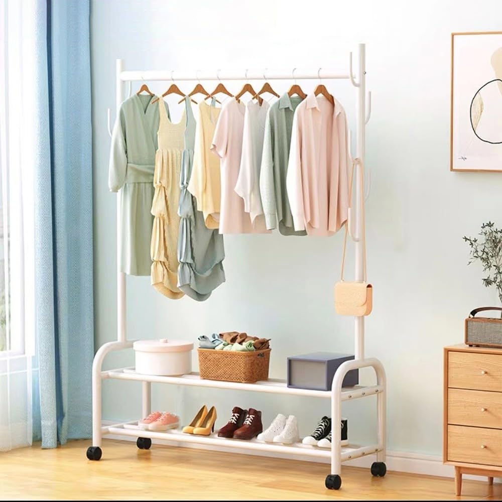 Robuste Garderobe mit Rollen, Metall-Kleiderständer zum Aufhängen von Kleidung, mit unterem Ablagefach und oberen Querstangen, perfekt für sofortigen Stauraum im Schrank