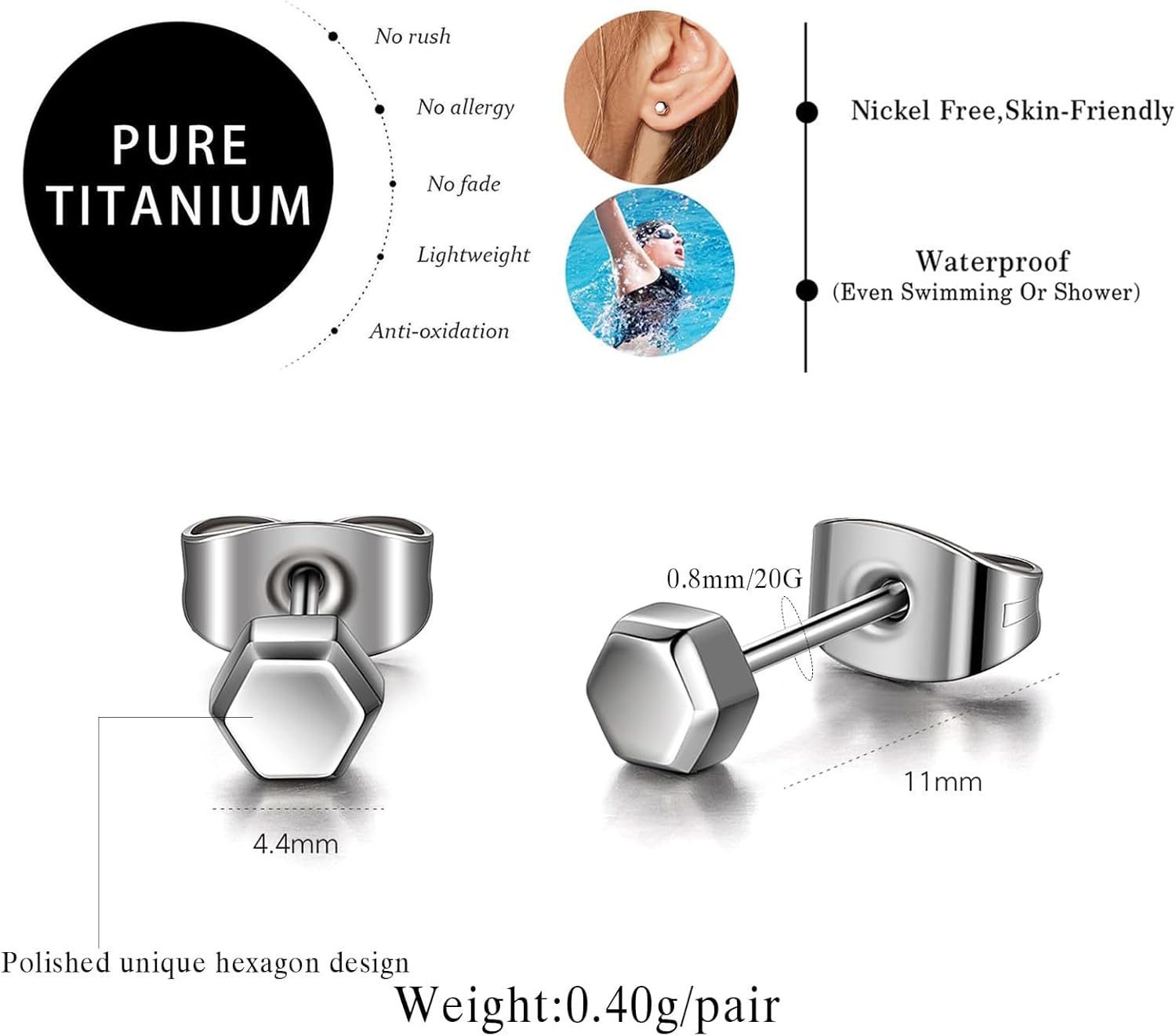 Pure Titanium Geometric Hexagon Stud Earrings Polished Nickel Free Hypoallergenic Party Daily Jewelry - Image 3