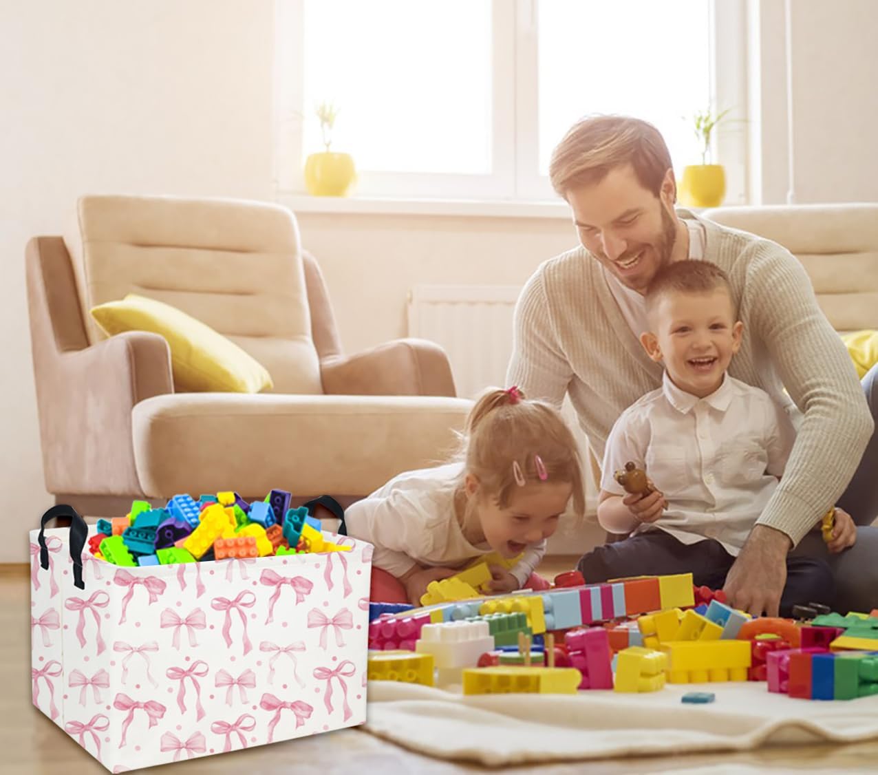 Kids Basket Pink Baskets Girls Basket Rectangular Cute Storage Bin for Room Decor(Pink bownot) - Image 3