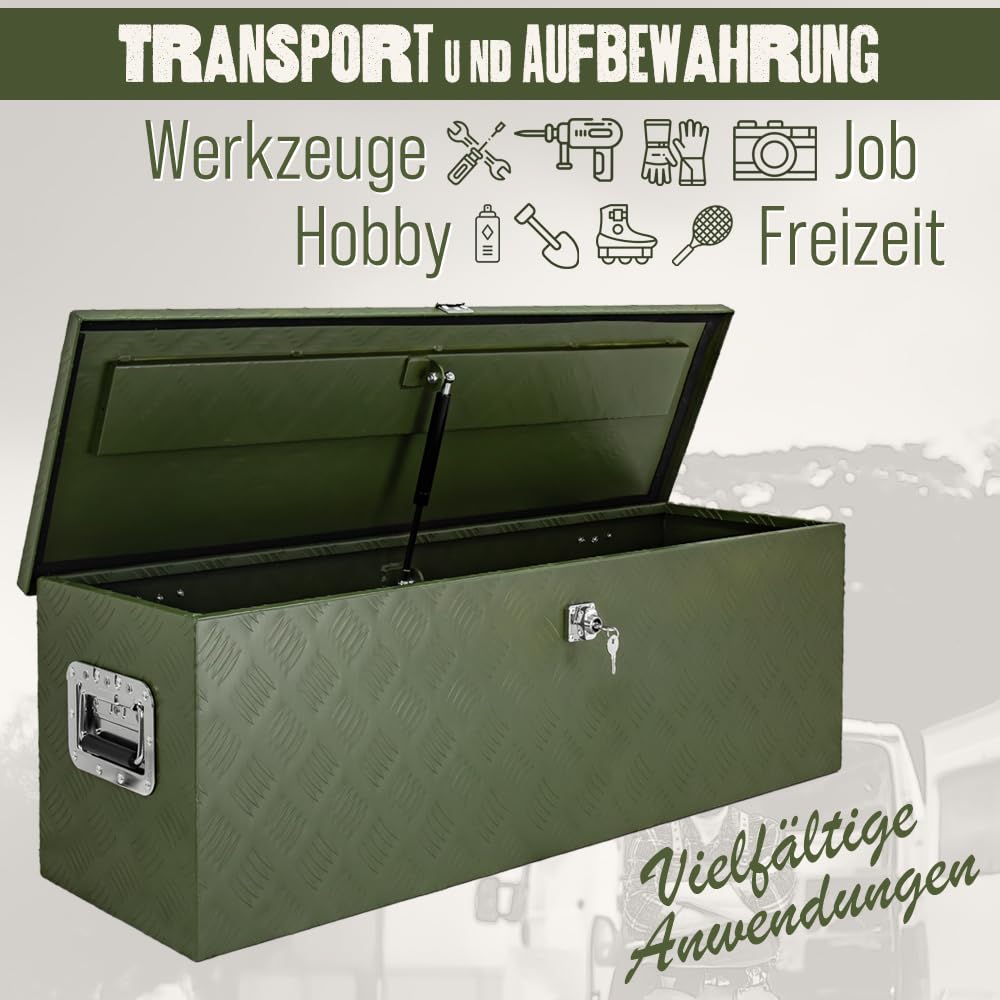 Trucky Skrzynka na dyszel, zielona, skrzynka na narzędzia, skrzynka na przyczepę, zamykana, aluminiowa skrzynka transportowa, skrzynka narzędziowa, aluminiowa skrzynka do przechowywania, wersja: model