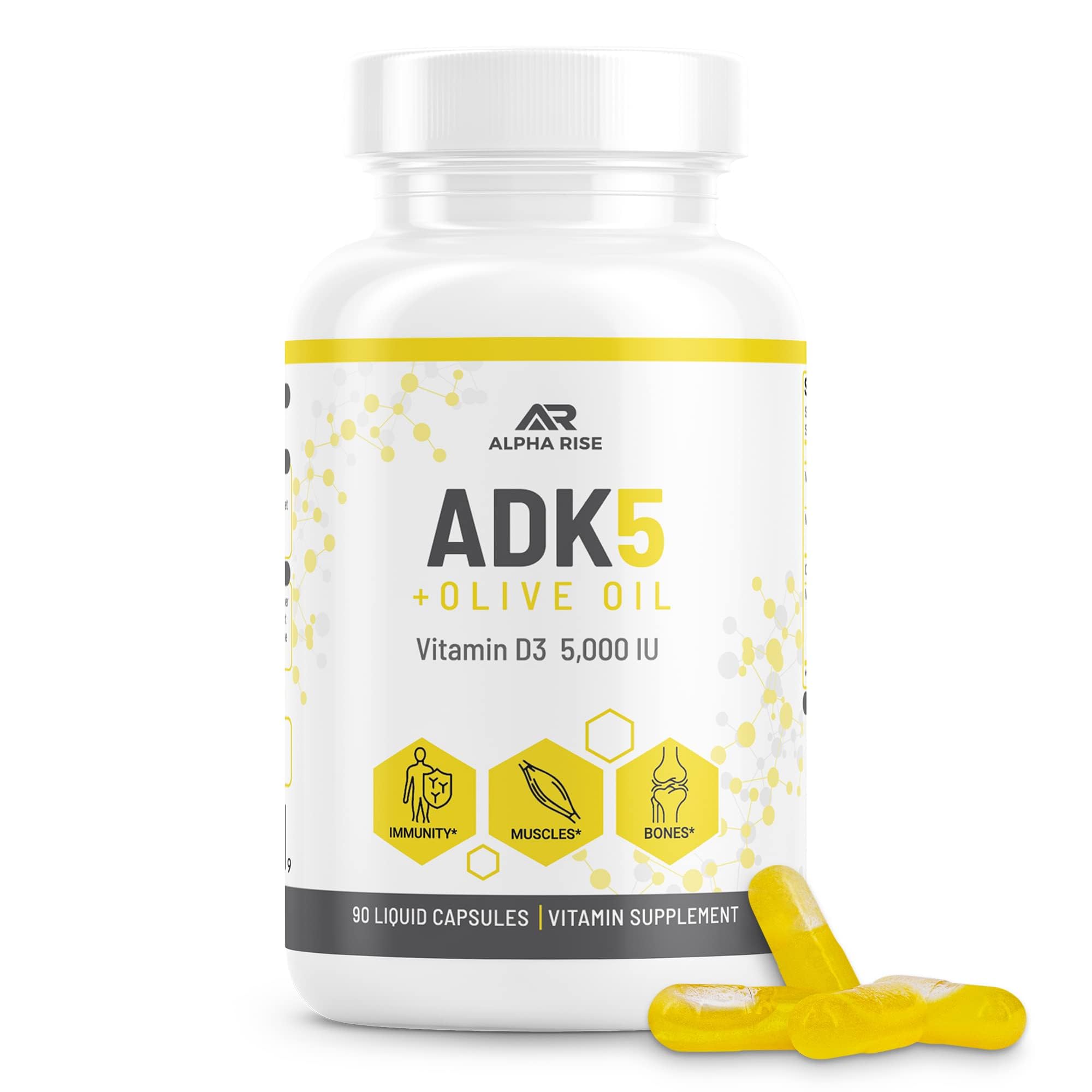 ADK Vitamin Supplement + Olive Oil for Better Absorption | ADK 5 Supplement with Vitamin A D and K | 5000 iu of Vitamin D3 + K2 (MK7+MK4) | 90 Liquid Capsules | Vegetarian | Non-GMO