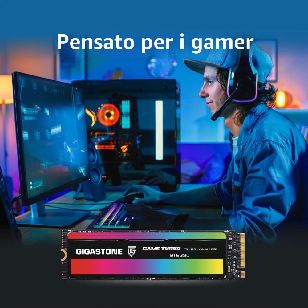 Gigastone SSD M.2 500GB NVMe PCIe Gen 3 SSD, fina a 3.000 MB/s Gaming Unit獺 Stato Solido interno Upgrade PC Laptop Risposta Rapida per Gamer Rendering 3D Editing Video 4K/8K Creatori PCIe 3.0