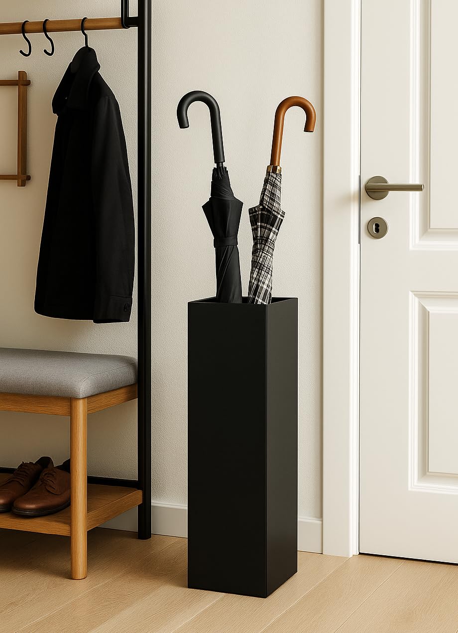 Paragüero con diseño moderno de metal para el hogar y la oficina, soporte de diseño, negro, 2 ganchos, 2 bandejas de recogida de agua extraíbles, 15,5 x 15,5 x 49 cm, cuadrado, paragüero