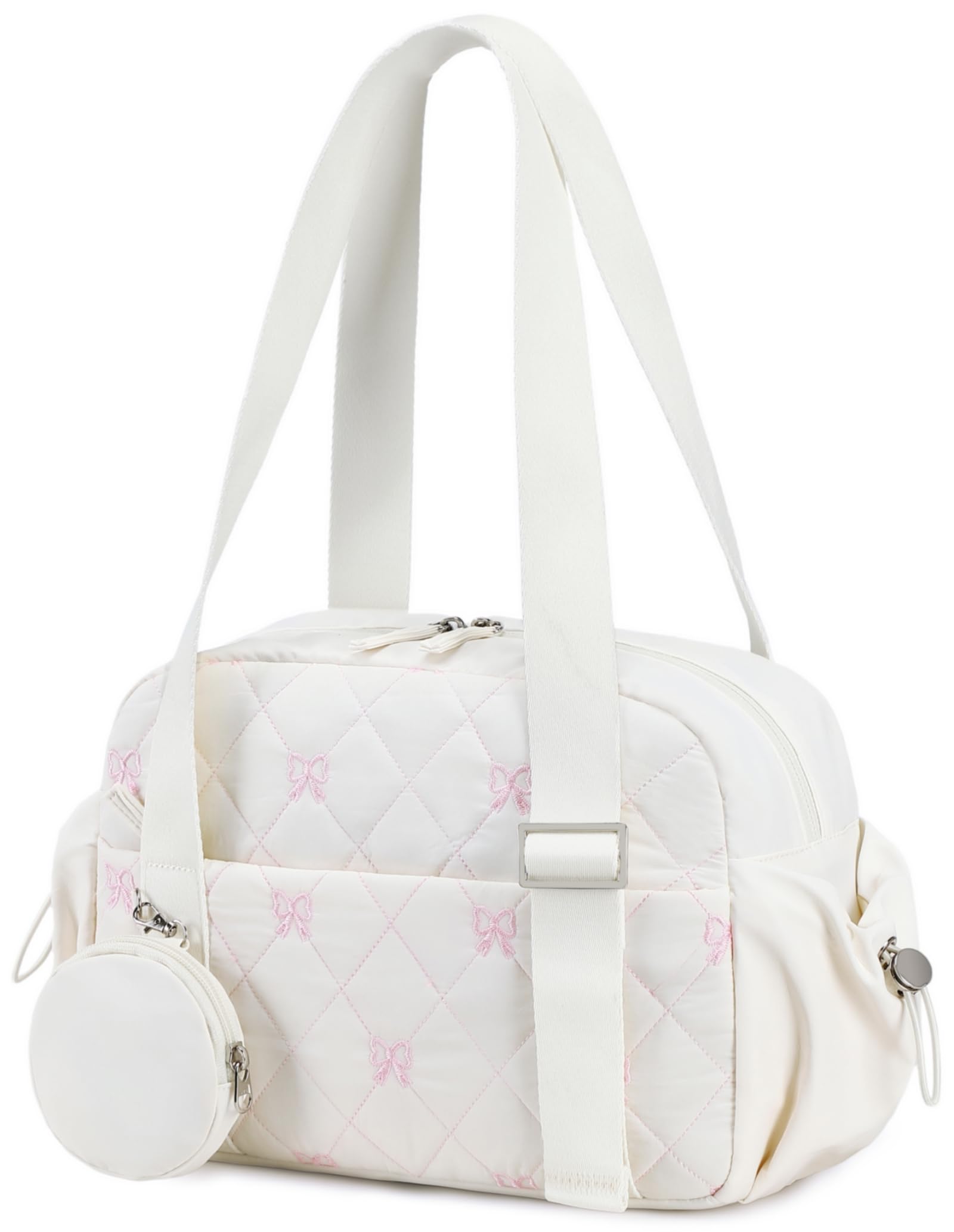 CAMTOP Mini Gym Bag for Women, Small Gym Tote Bag Puffy Quilted Sports Duffel Bag with Wet Compartment and Coin Purse Duffel Bags Dance Yoga Workout Bag for Gifts, White Pink Bow, Mini-12.6", Tote