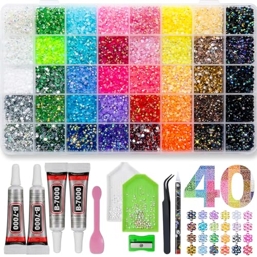 40000Pcs Resin Jelly Rhinestones Bedazzler Kit, 40 Colors 3mm Flatback Rhinestones with 4Pcs 10ml B7000 Glue & Tools, All-in-One Bedazzling Kit for DIY Crafts, Shoes Clothes Makeup Nail Art