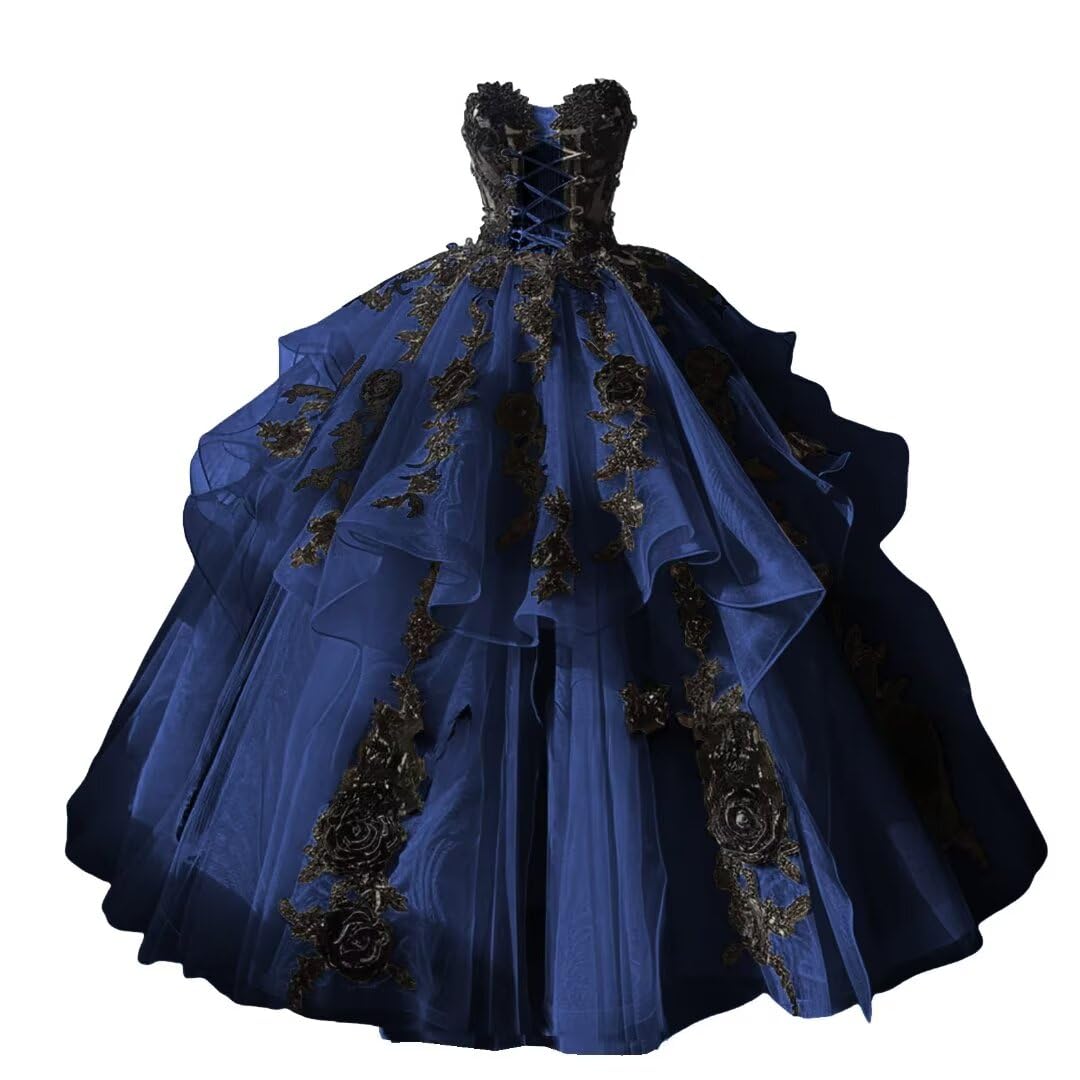 Mauuwy Gothic Quinceanera Dresses with Black Floral Lace Strapless Sweet 16 Prom Dresses Vestido de 15 años