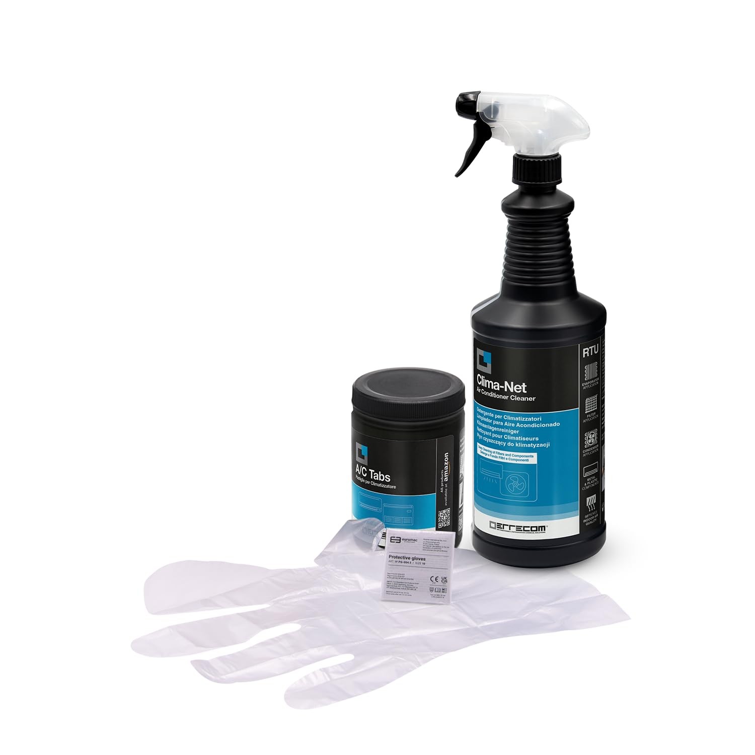 ERRECOM Kit pulizia climatizzatori, include Clima-Net 1L detergente pulizia unità interna e filtri e A/C Tabs 40 pastiglie per climatizzatore ad azione prolungata, guanti inclusi
