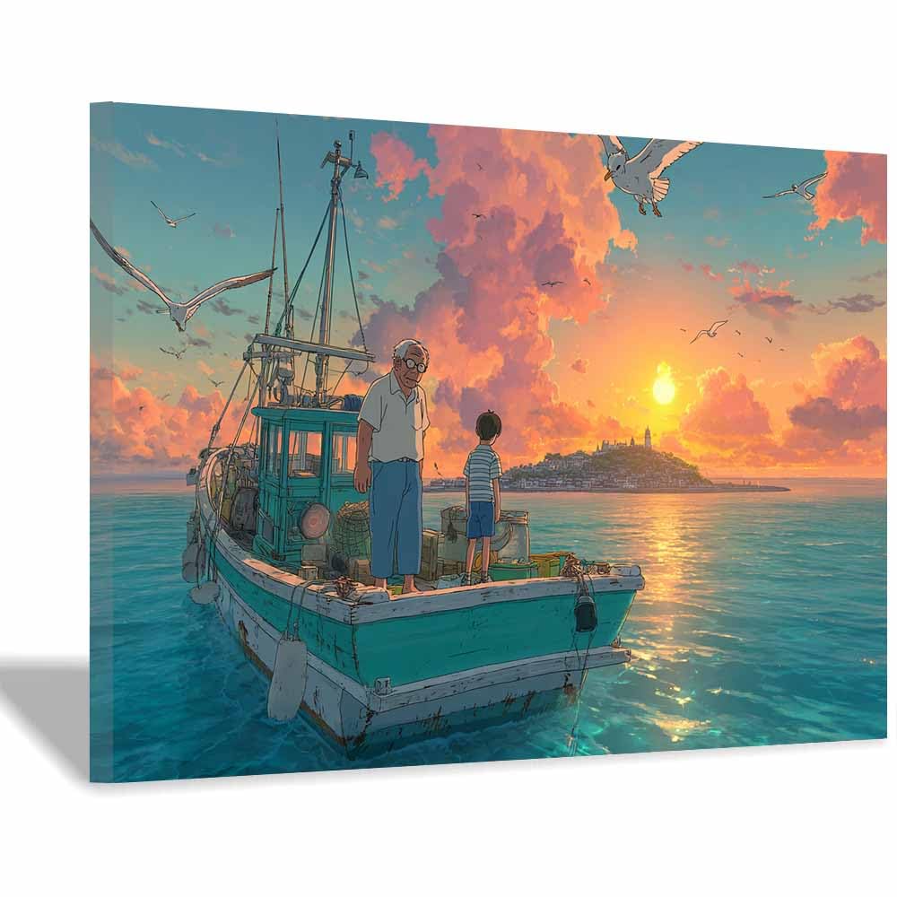 DMZPKZB Landscape Wall Art Fishing Boats Sunset Viewss Landscape Picture Artwork Prints,Vintage Poster Decor,For Living Room,Bedroom,kitchen,Office,Corridor(Multicolor)-70x100cm Framed