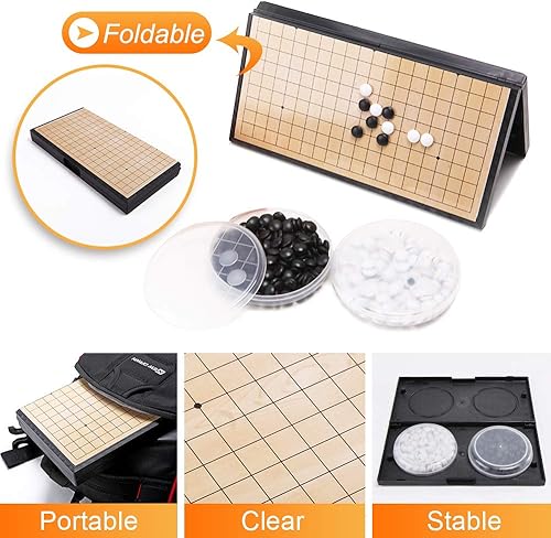 Miniatura 4 de Juego magnético Go de 19 x 19 pulgadas, tablero plegable de 11 pulgadas con 361 piedras magnéticas, juego de viaje portátil para 2 jugadores, a