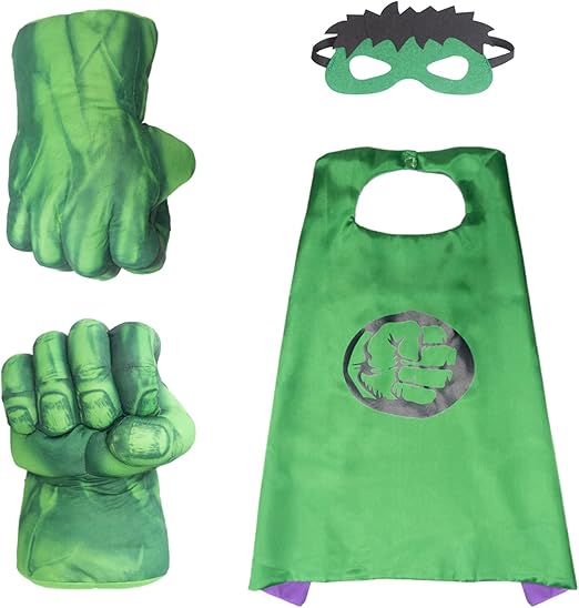 Plush Hands Fists Costume with Green Cape and Eye-Mask – Complete Set of Punching Gloves Accessories for Kids – Comfortable and Non-