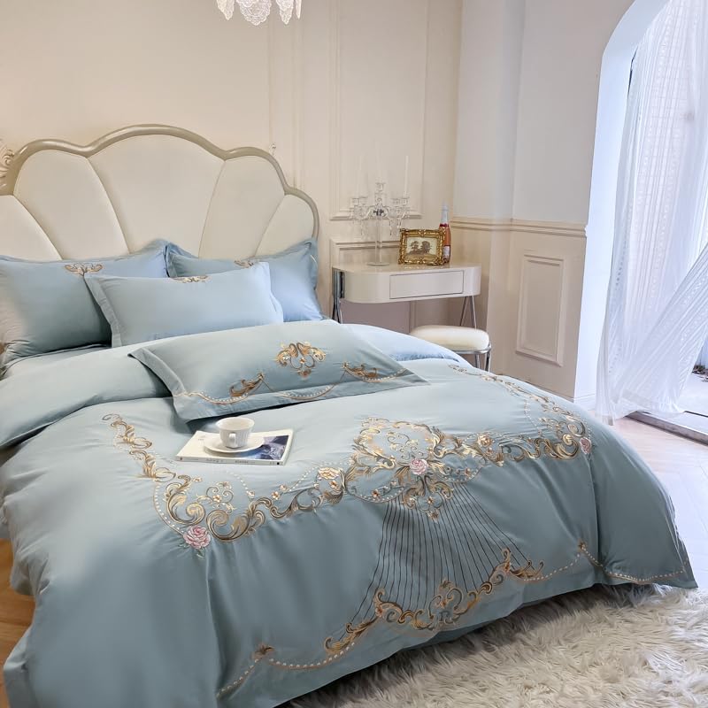 Image of JJ's Imported Skin Friendly Pure Washed Cotton Heavy & Beautifully Embroidered Wedding Style 5 Pcs King Size Double Bed Luxury Bridal Bedding Set with Heavy Comforter /Quilt (Sky Blue 2)