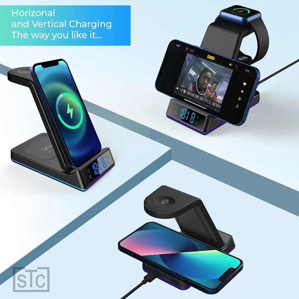 STC 5 in 1 Wireless Charger with Clock/Alarm and Night Light, 15W Qi Fast Charging Station Compatible with iPhone, AirPods and Apple Watch