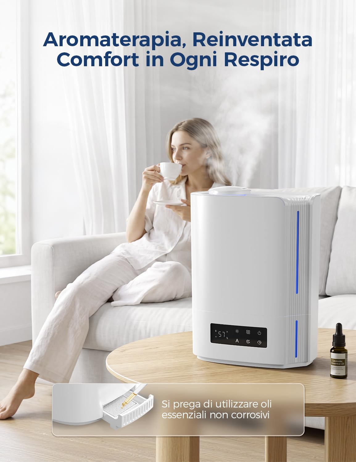 AROEVE 6L Ultrasuoni Umidificatore Ambiente 60h Autonomia Silenzioso 25dB | Controllo Umidità Intelligente, Diffusore di Oli Essenziali, Umidificatore a Ultrasuoni Top Fill per Bambini, Piante