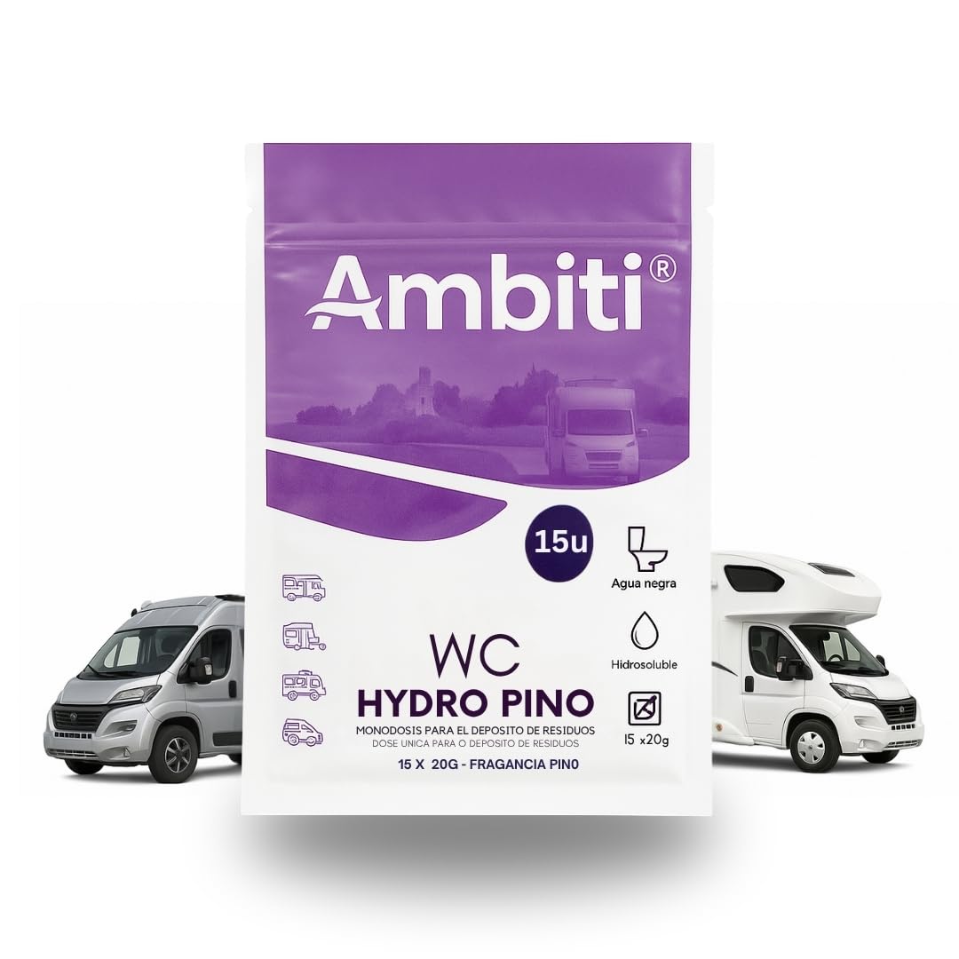 Ambiti | WC Hydro | Monodosis Hidrosolubles para Depósito de Residuos de Autocaravanas,Caravanas y Campers| Antibacteriano| Elimina Deshechos Orgánicos y Papel Higiénico| Fragancia Pino| 15ud