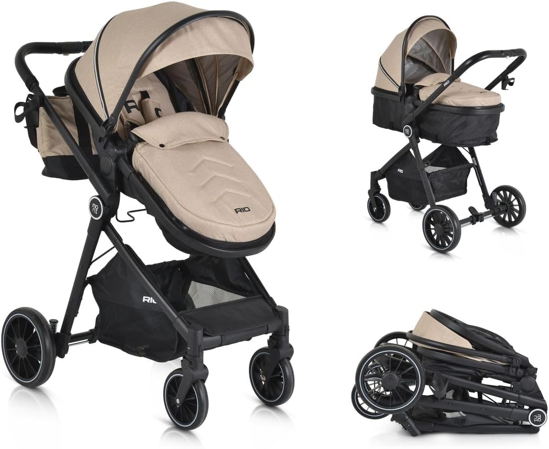 Moni Rio Stroller in bassinet mode and folded for transport