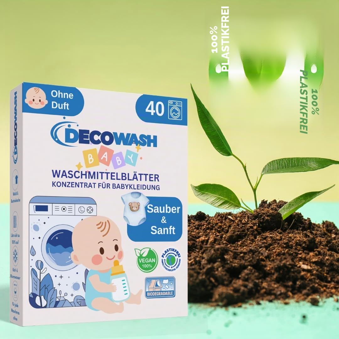 Waschmittelblätter für Babykleidung (bis zu 400 Wäschen) – Duftfrei, Hypoallergen & Ökologisch | Tiefenreinigung für empfindliche Haut | Biologisch abbaubar, vegan & plastikfrei – Babywaschmittel