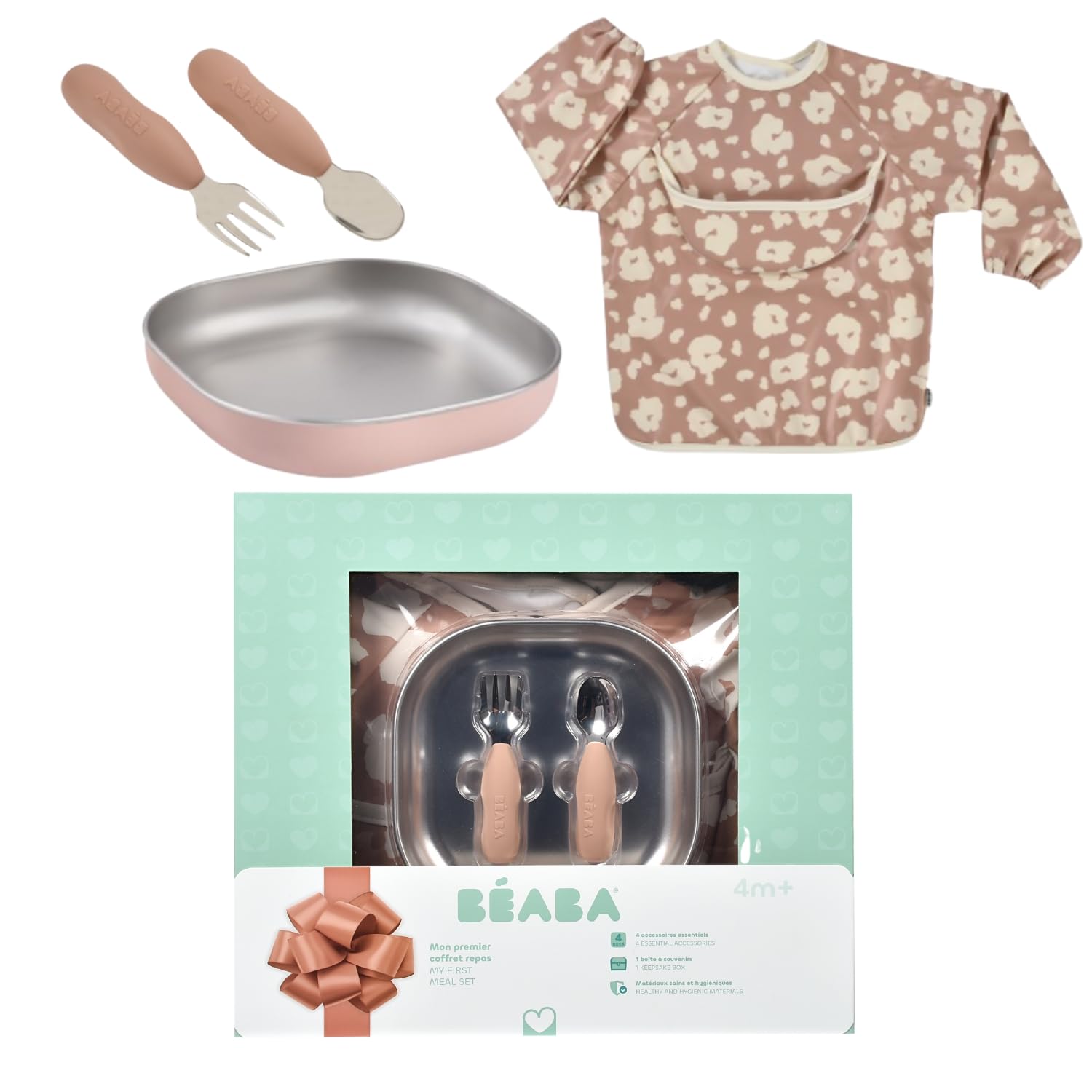 BÉABA Coffret Repas Bébé – Coffret Repas Bébé Cadeau Naissance Complet Dès 4 Mois – Assiette Inox Micro-Ondes, Pré-Couverts Ergonomiques, Bavoir à Manches, Boîte Souvenir