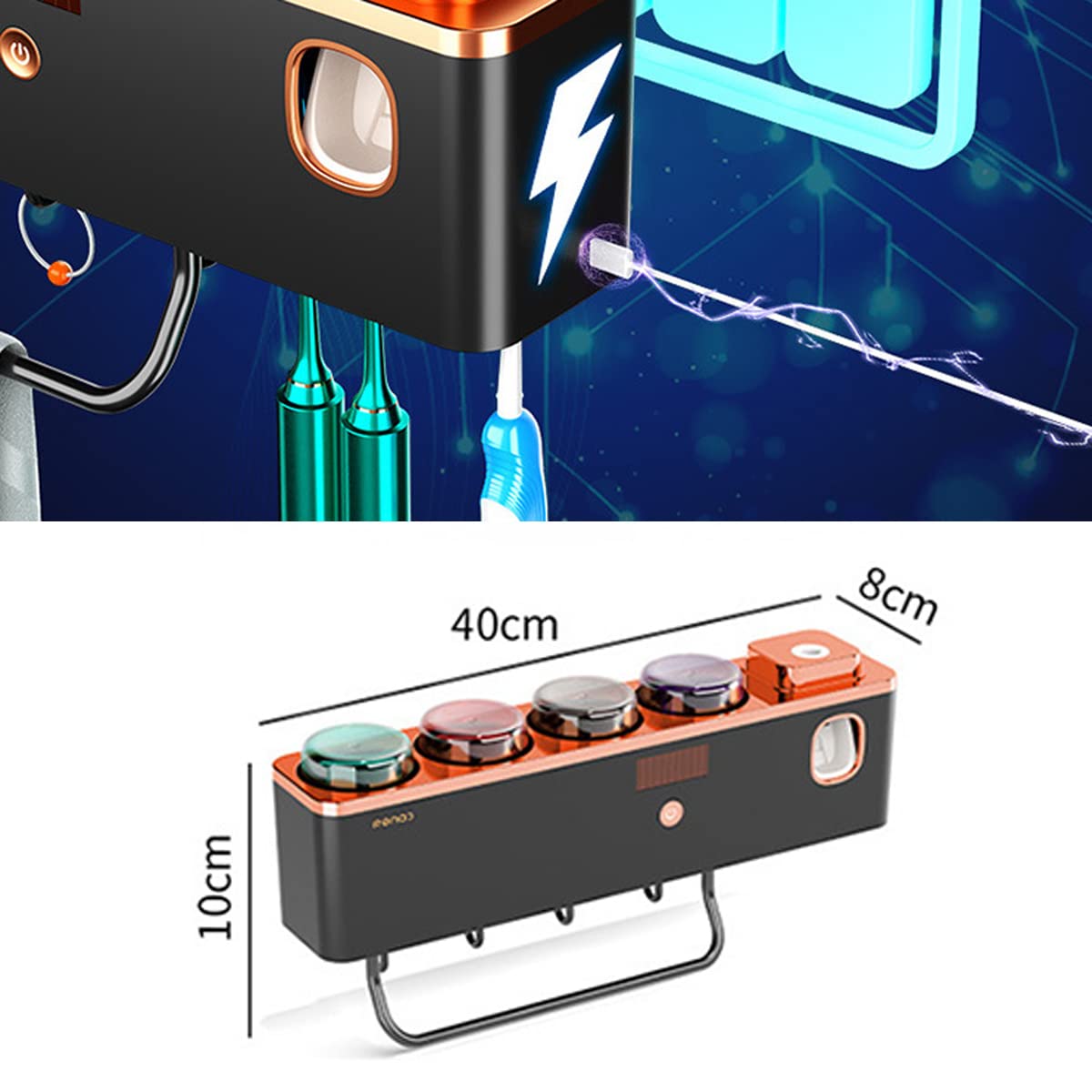 LANMOU Portacepillos de Dientes Pared, Soporte Cepillo de Dientes Esterilizador UV con Dispensador de Pasta de Dientes, Cajón de Almacenamiento de Cosméticos y USB Recargable, Sin Taladro