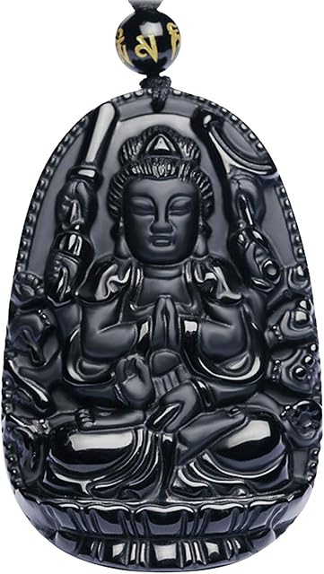 Bella Jade Buddha Pendant Necklace Bodhisattva Amulet/Talisman Made of Obsidian Gemstone