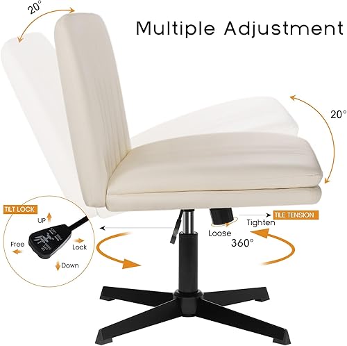 Miniatura 7 de PUKAMI Silla de oficina con patas cruzadas, silla de escritorio de oficina sin brazos, sin ruedas, silla de tocador moderna giratoria de piel