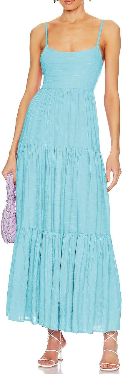 ALENDA DANMOS Women's Spaghetti Straps Maxi Dress Flowy Pleated Swing Beach Long Dress Low Backless Sundress 189