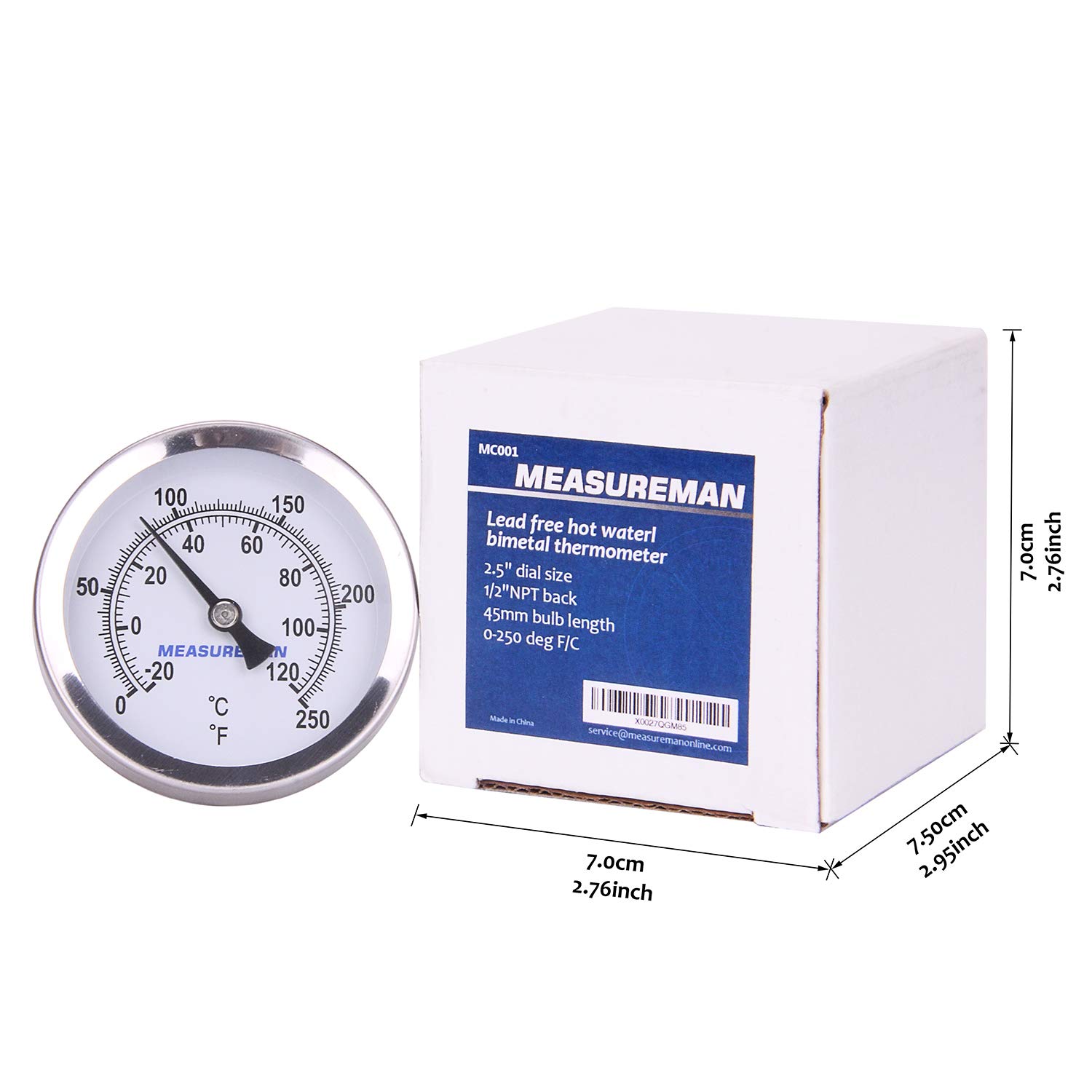 MEASUREMAN Heißwasser-Bimetall-Thermometer, 6,3 cm Zifferblatt, 4,5 cm bleifreier Messing-Stiel, Messbereich 0–250 °C F/-20–120 °C, 2% Genauigkeit, verstellbar, 1,27 cm NPT-Rückmontage.