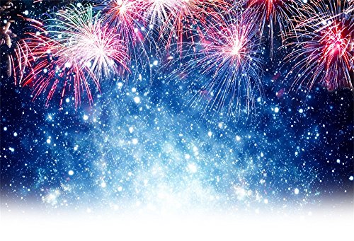 Laeacco 7x5ft 2024 New Year Backdrop Blue Starry Sky Fireworks Photography Backdrop Christmas New Year Eve Party Festival Celebration Background Winter Snowflake Children Baby Adults Portraits Studio