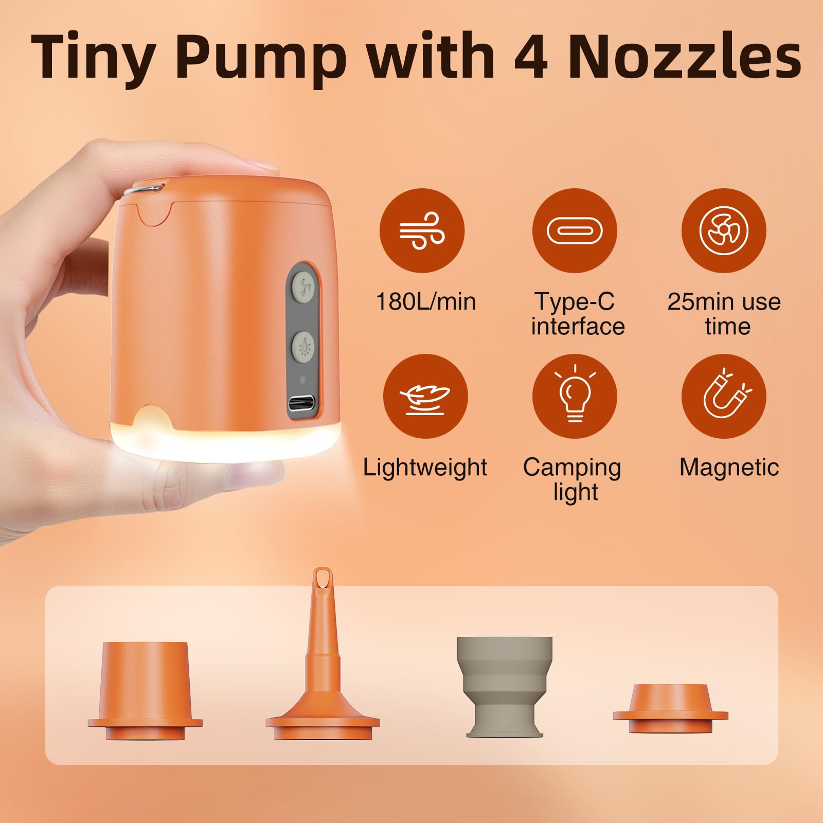 Elektryczna Pompa do Nadmuchiwanych Przedmiotów z Opróżnianiem i Oświetleniem LED, 1600 mAh Pompa z 4 Dyszami do Zabawek Basenowych Pływaków i Worków Próżniowych, Przenośna na Kemping