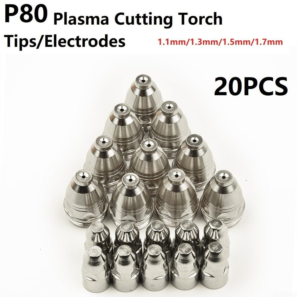 Plasmabrenner Schneidverbrauchsmaterial, P80 Plasmaschneidbrenner, 60 A/80 A/100 A, CNC-Plasma-Elektrode + Düse für CUT-70, CUT-80, CUT-100, CUT-120 (1,5 mm), 20 Stück