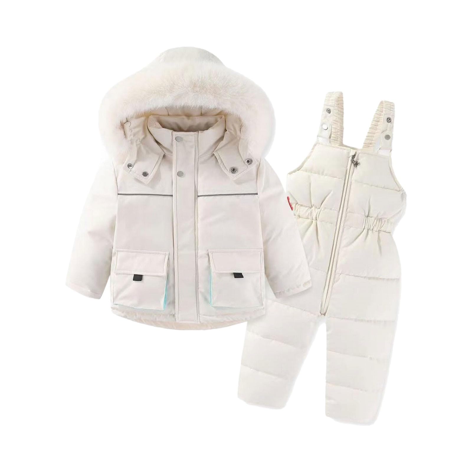 RNTOP Baby Boys Girls Two Piece Snowsuit Kids Toddler Winter Outfits Down Coat with Furry Hood Puffer (White, 18-24 Months)