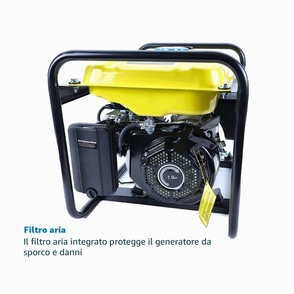Generatore di corrente, 2000 W, carico massimo 2200 W, motore a 4 tempi, 7 CV, silenzioso, a benzina, inverter di corrente di emergenza, 2 prese Schuko