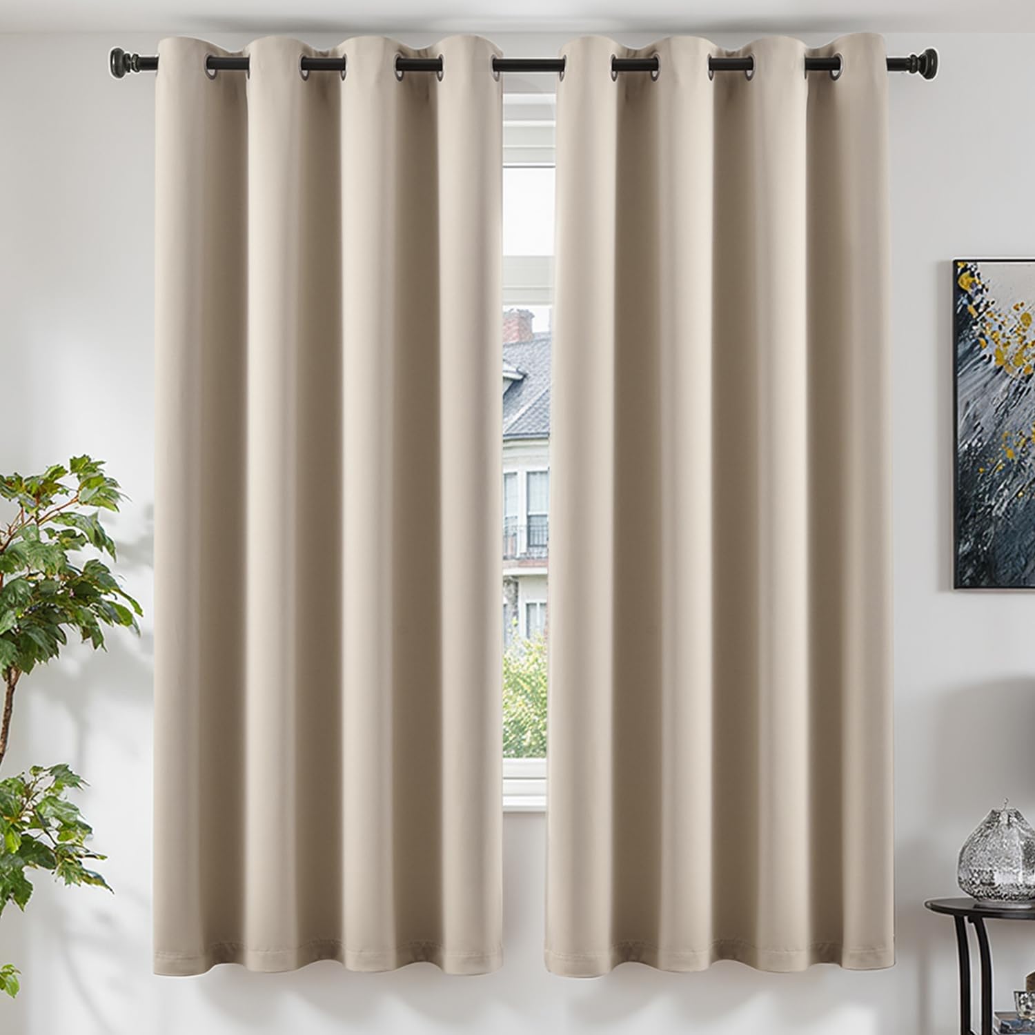 TOPICK Blackout Window Eyelet Curtains W46 x L72 Inch for Bedroom, Thermal Insulated Room Darkening Curtains & Drapes for Living Room, Office, Caravan, Apartment, Beige — image 1