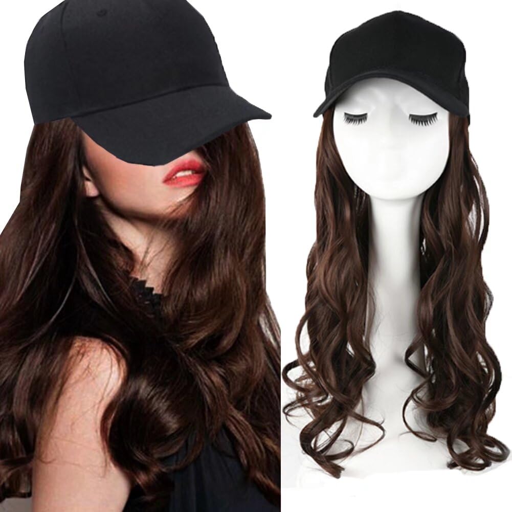LaLuLoLi Dark Brown Baseball Cap with 22" Hair Synthetic Wavy Hairpieces Black Hats with Long Curly Body Wave Hair Piece Attached for Women Gilr Daily Party Use