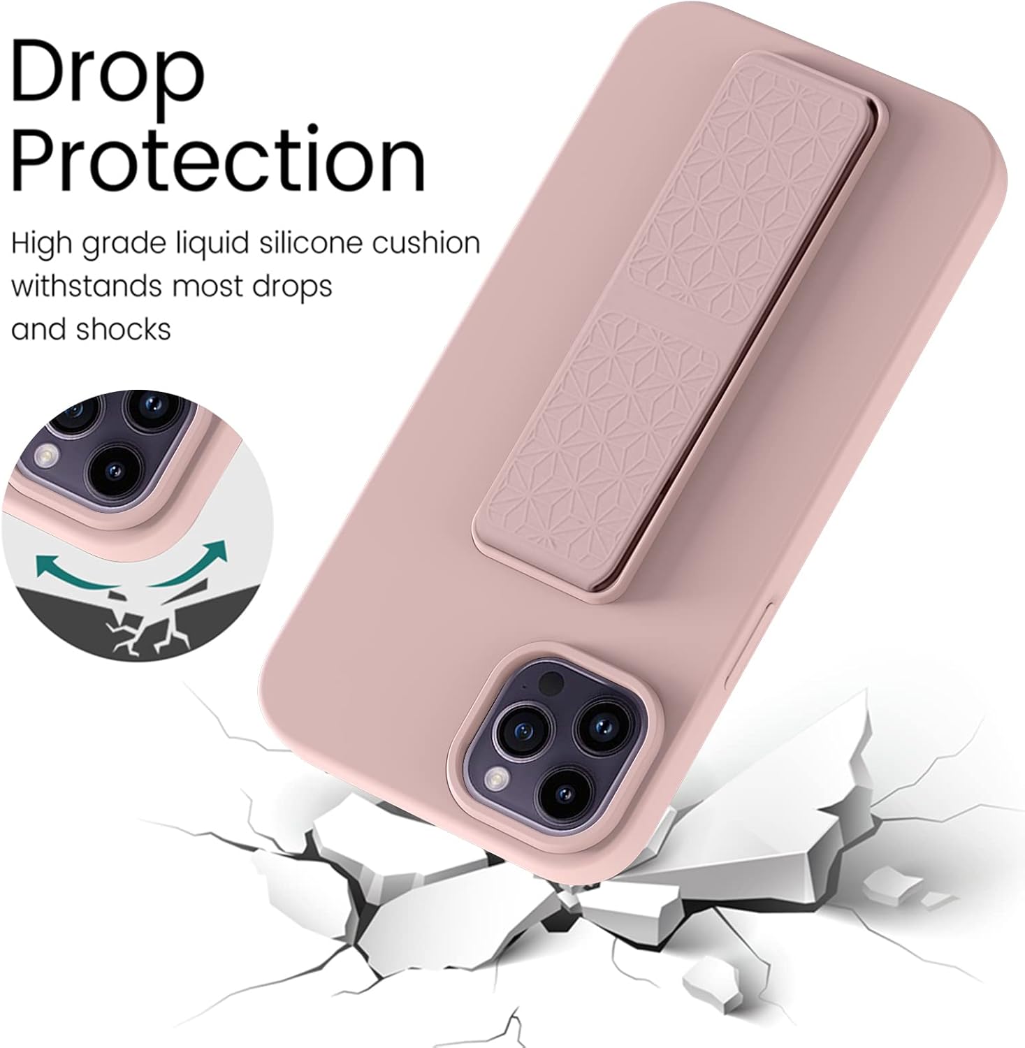 LAUDTEC Silicone Kickstand Case Compatible with iPhone 14 Pro Max, Vertical and Horizontal Stand Hand Strap Metal Kickstand Cover, Flexible Soft Liquid Silicone Stand Case for iPhone 14 Pro Max (Pink) - Image 3